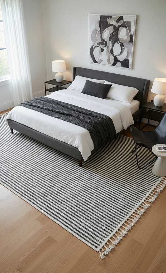 Hand Knotted Ivory Black Horizontal Striped Rug - Modern Hand Carved Texture 5.6x8.6