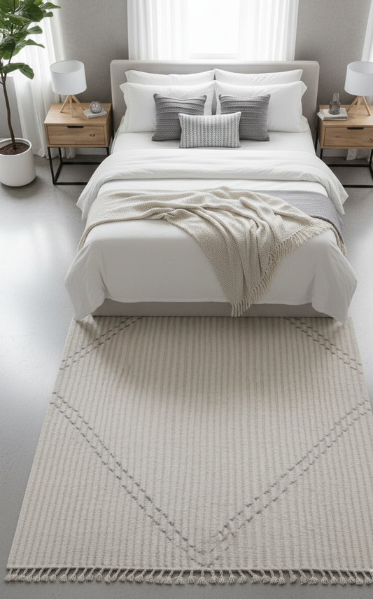 Hand Knotted Ivory Black Striped Rug - Hand Carved Texture 5.6x8.6 Feet