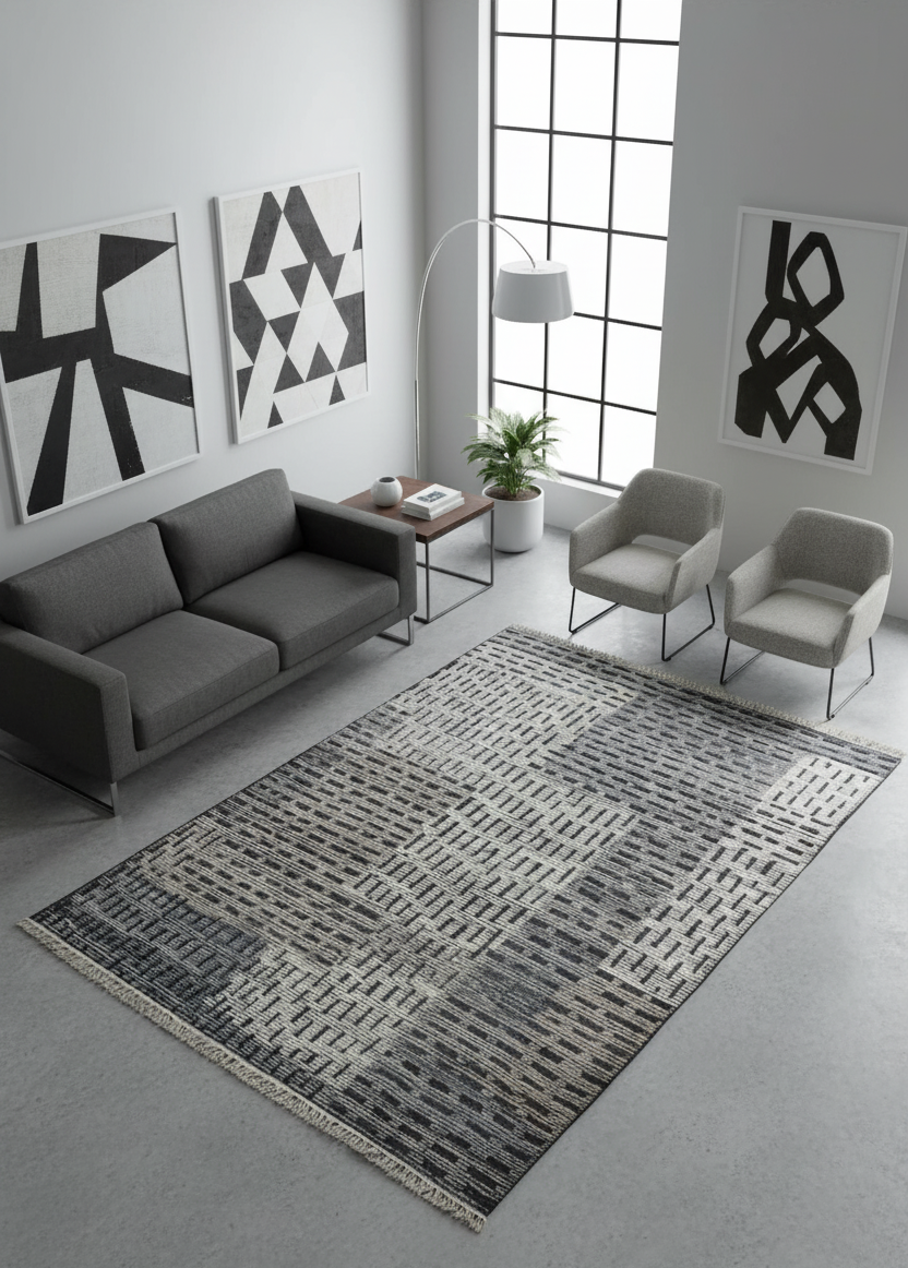 Hand Knotted Ivory Charcoal Gray Striped Rug - Textured Area Rug 5.6x8