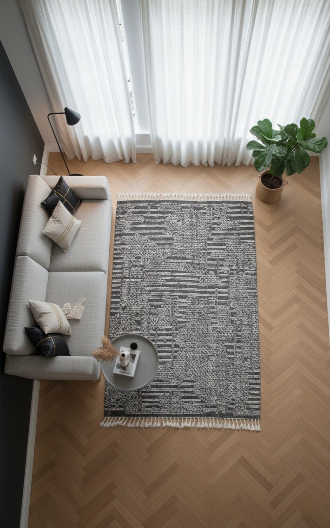 Hand Knotted Ivory Charcoal Striped Rug - Hand Carved Texture 5.6x8 Feet