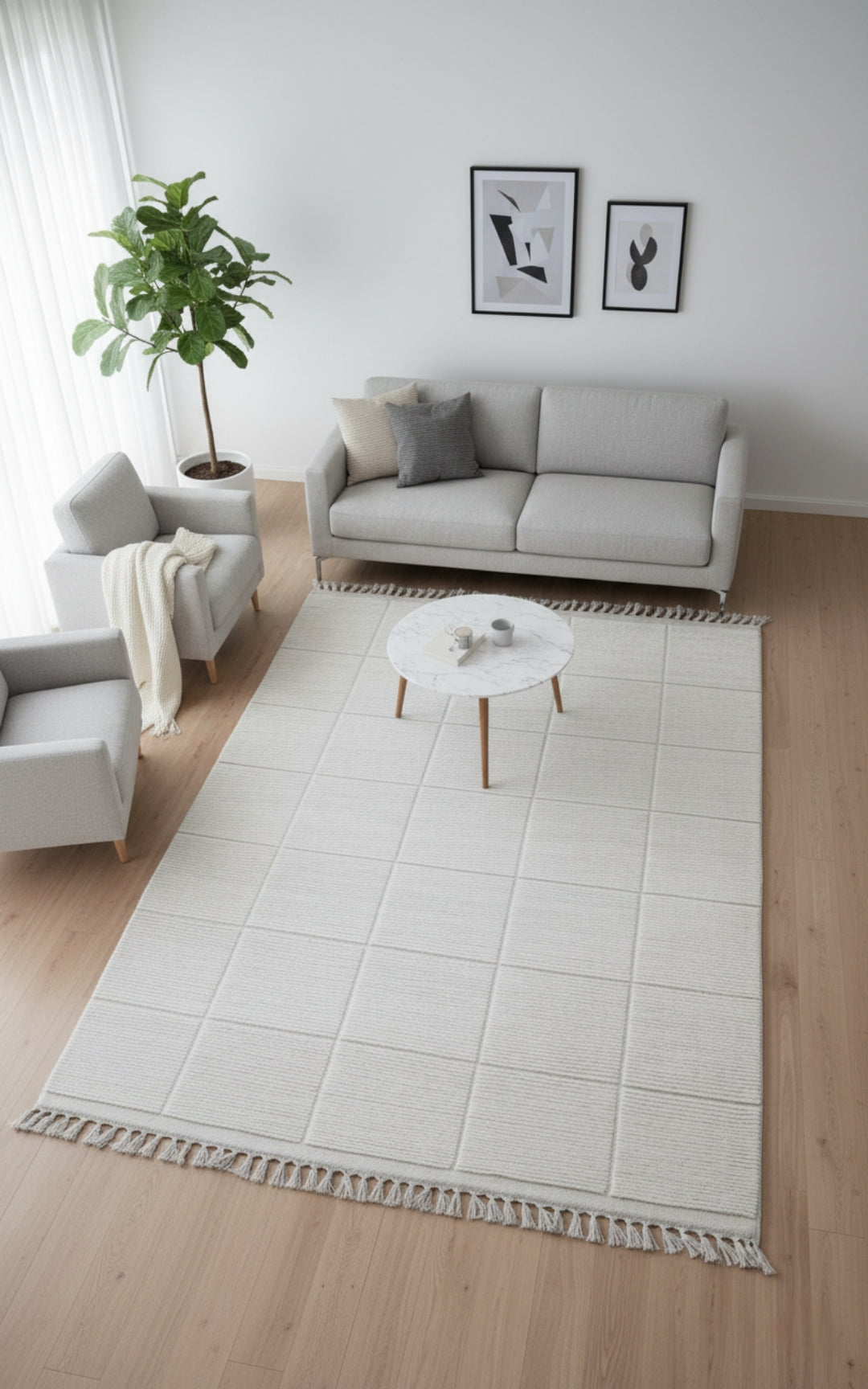 Hand Knotted Ivory Geometrical Striped Rug - Hand Carved Texture 6x9 Feet