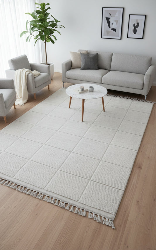 Hand Knotted Ivory Geometrical Striped Rug - Hand Carved Texture 6x9 Feet