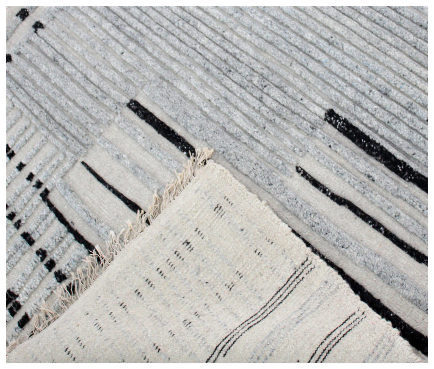 Hand Knotted Ivory Gray Black modern Geometric stripes Rug - Hand Carved Texture 5.6x8.6