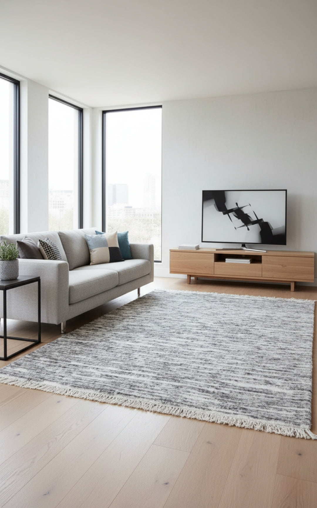 Hand Knotted Ivory Silver Charcoal Abstract Striped Rug - Modern Texture 5x8