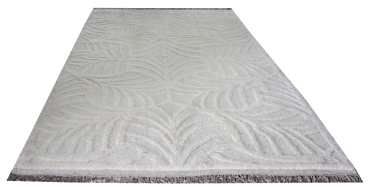 Hand Knotted Ivory Swirl Rug - Hand Carved Texture Area Rug 5.6x8 Feet