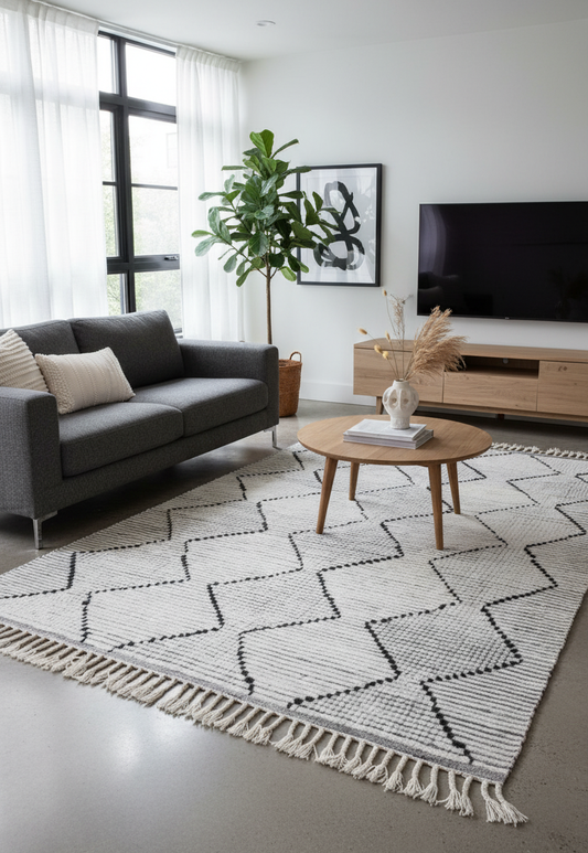 Hand Knotted Ivory and Black Geometric Diamond Rug - Modern Area Rug 5.6x7.6 Feet