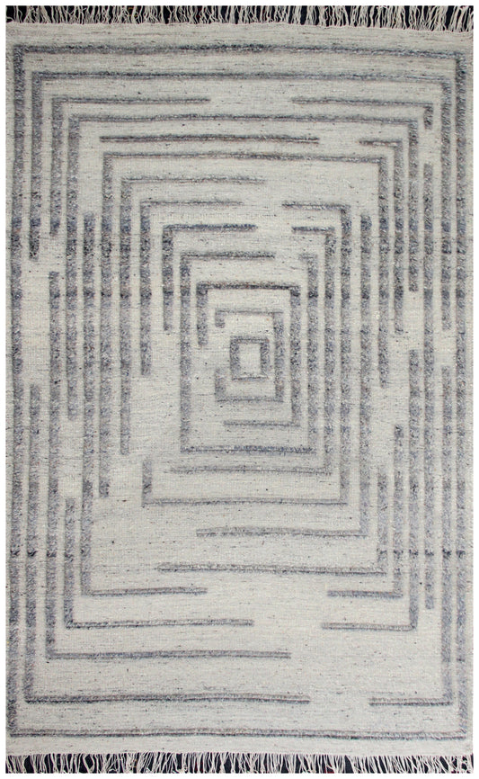 Hand Knotted Ivory and Gray Geometric Maze Rug - Modern Area Rug 5.6x8.6 Feet