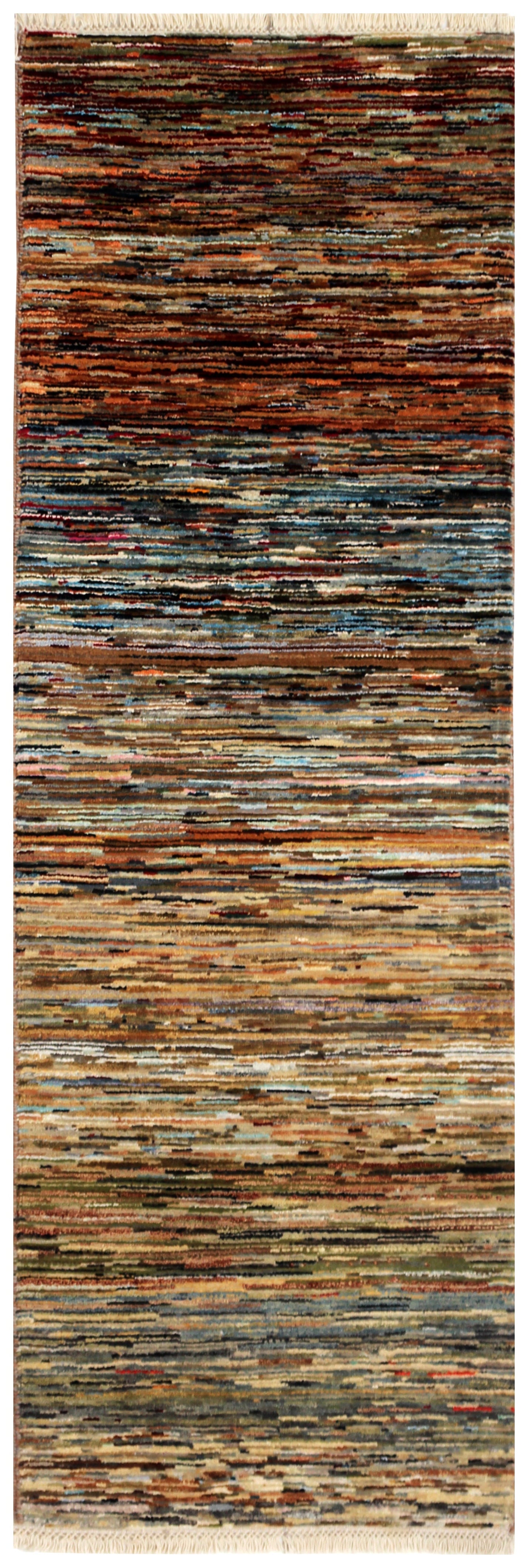 Hand Knotted Striped Modern Rug - Multicolor Grass-Inspired 2x6.6 Feet