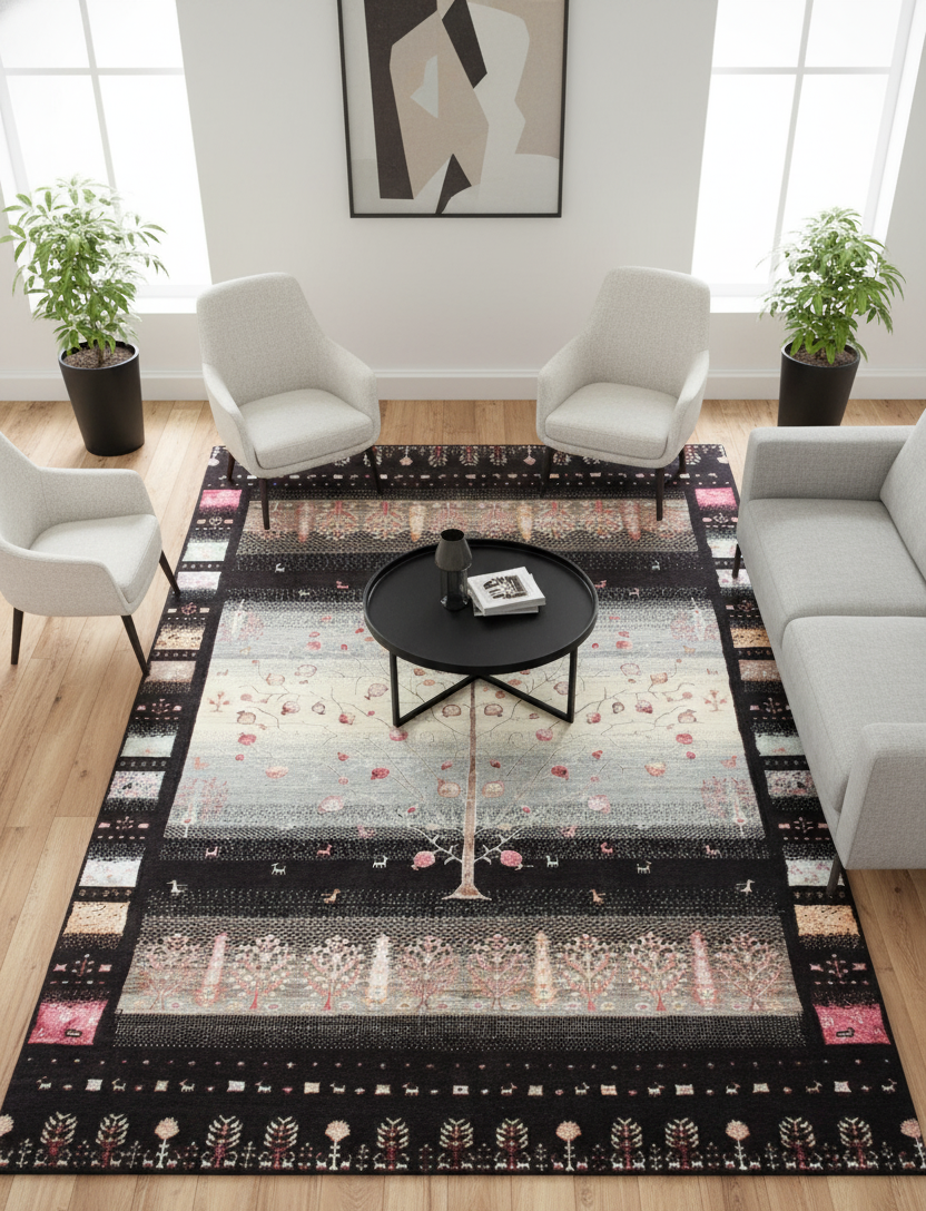 Hand Knotted Tree of Life 6.6X10 Rug - Black Multi Color Natural Wool Area Rug