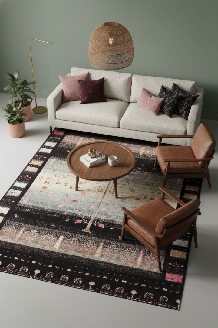 Hand Knotted Tree of Life 6.6X10 Rug - Black Multi Color Natural Wool Area Rug