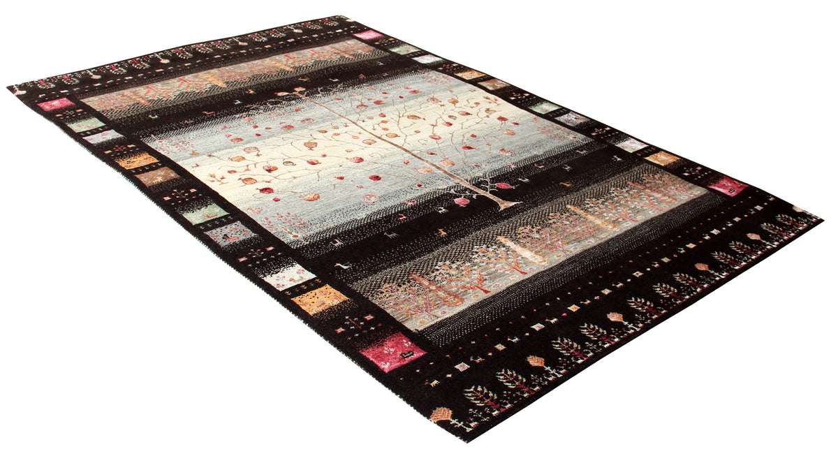 Hand Knotted Tree of Life 6.6X10 Rug - Black Multi Color Natural Wool Area Rug
