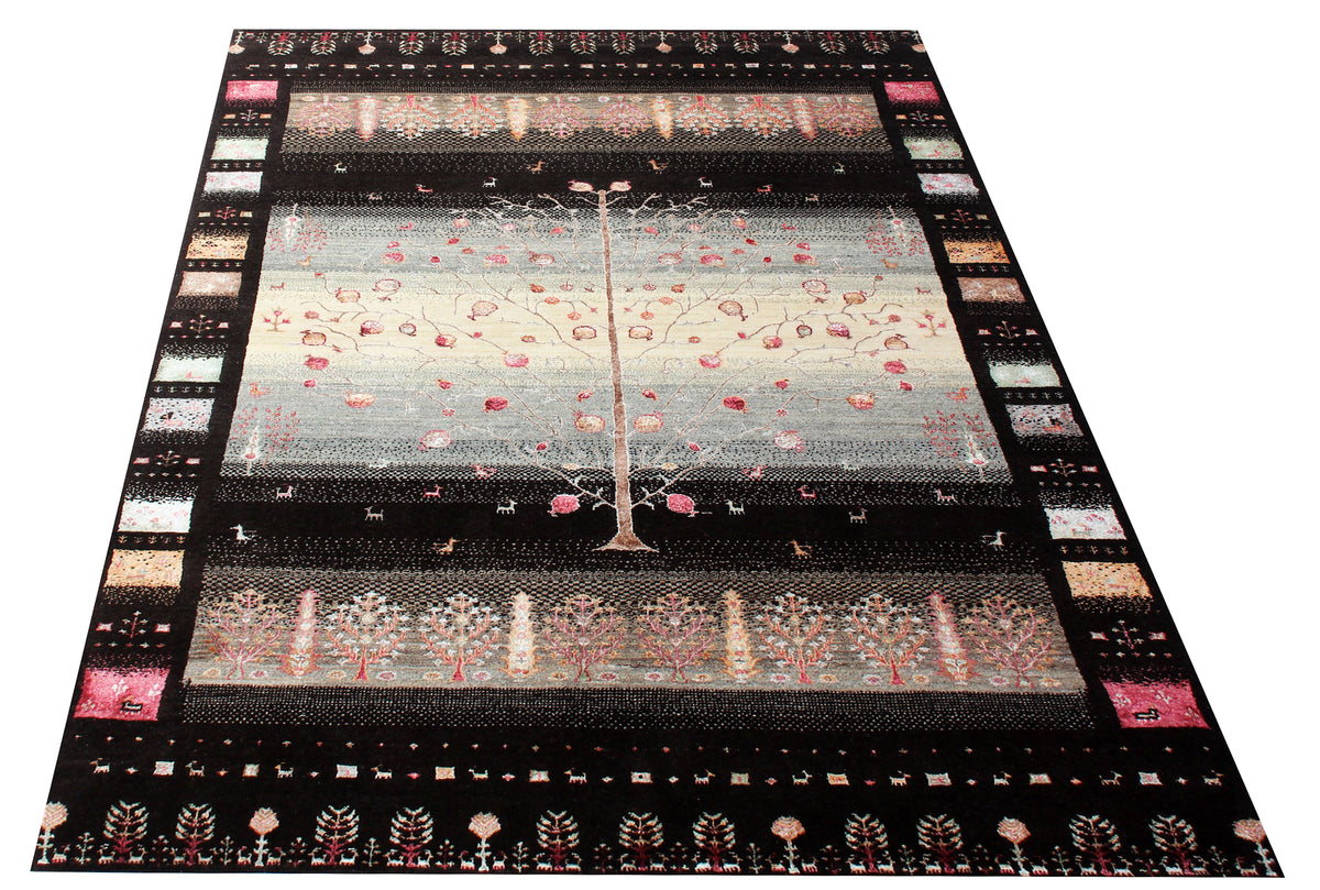 Hand Knotted Tree of Life 6.6X10 Rug - Black Multi Color Natural Wool Area Rug