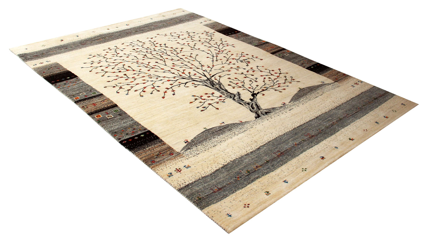Hand Knotted Tree of Life Wool Rug 5.6x8 - Ivory, Charcoal & Maroon