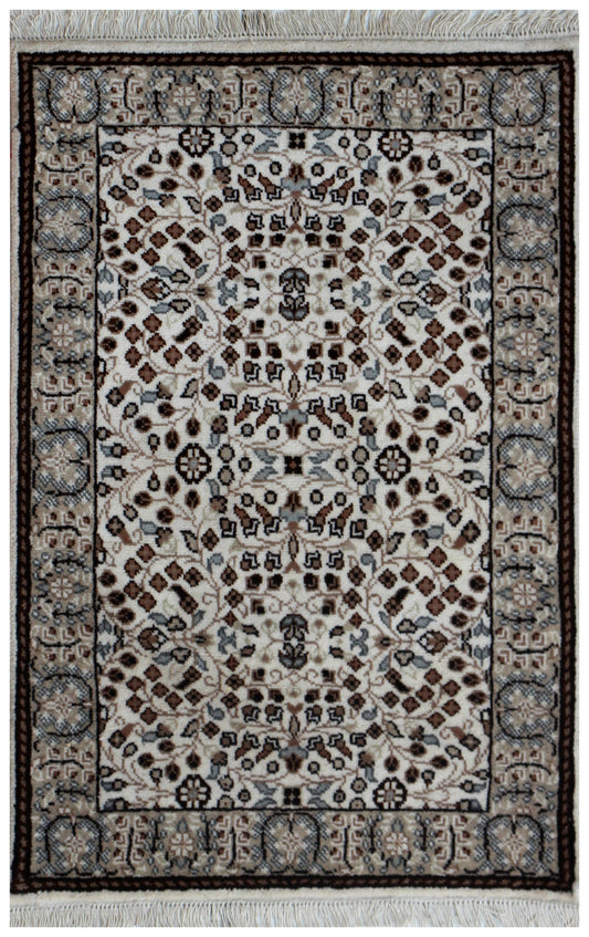 3x4.6 Traditional Floral Ivory, Brown & Tan Fine Hand-Knotted Wool Rug.