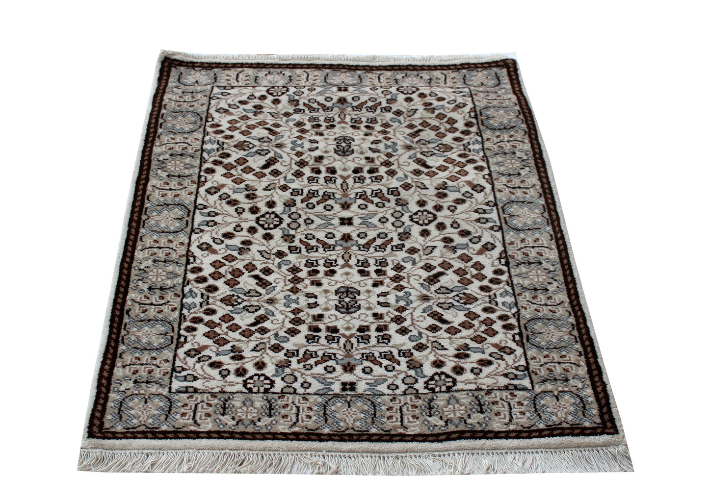 3x4.6 Traditional Floral Ivory, Brown & Tan Fine Hand-Knotted Wool Rug.