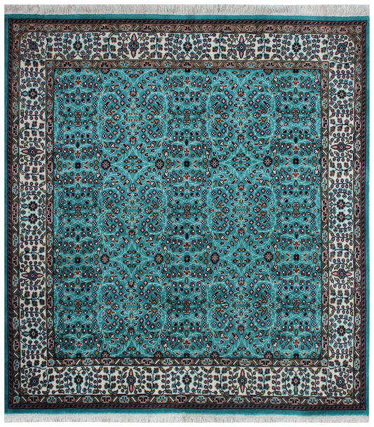 Traditional Floral Wool Rug – 6.6x6.6 Teal, Ivory, Brown Fine Hand-Knotted Carpet.