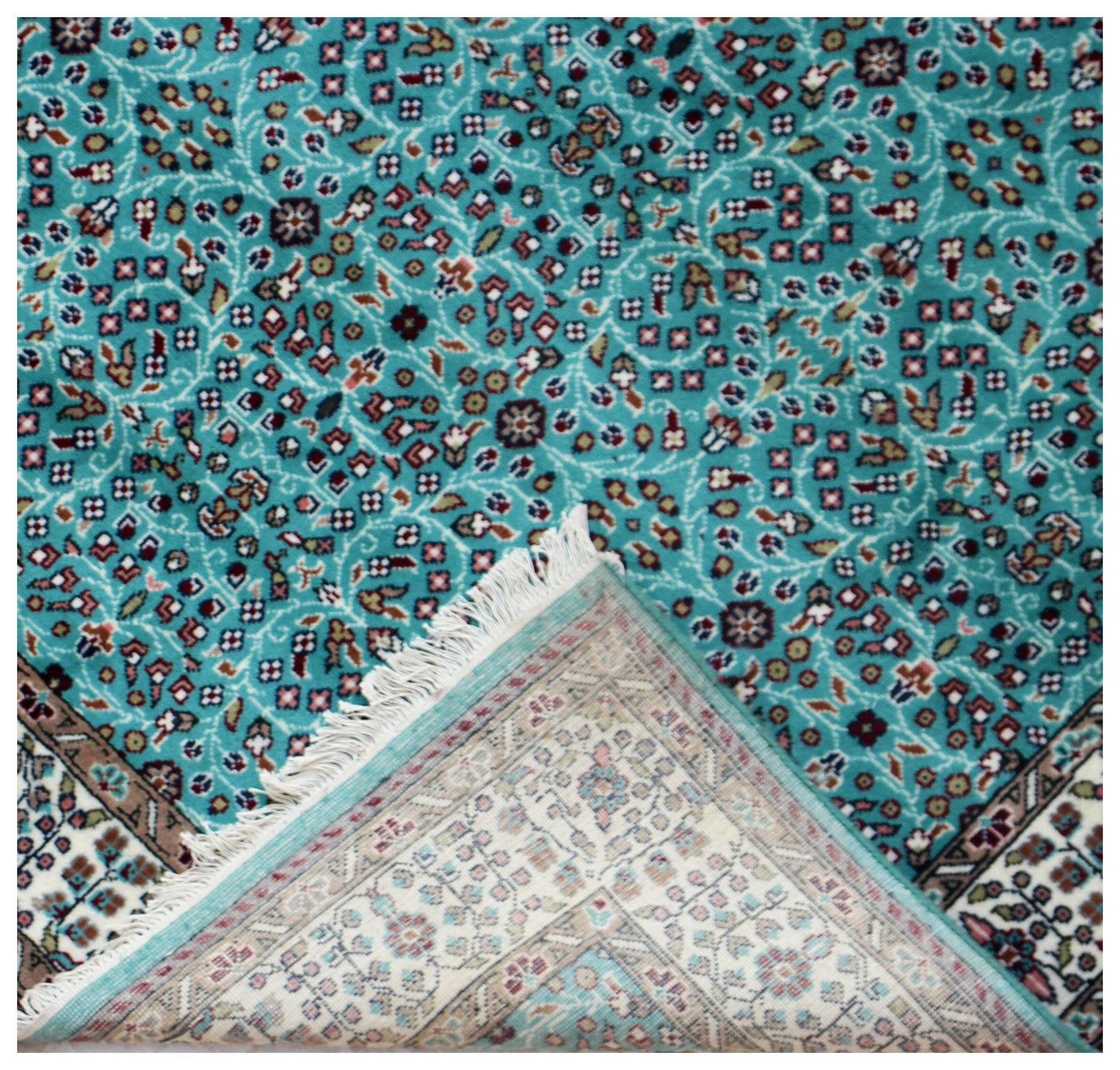 Traditional Floral Wool Rug – 6.6x6.6 Teal, Ivory, Brown Fine Hand-Knotted Carpet.