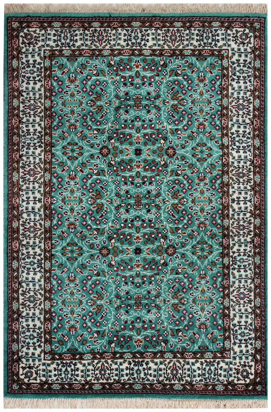 Traditional Floral Wool Rug – 4x6 Teal, Ivory, Brown Fine Hand-Knotted Carpet.