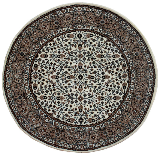 Traditional Floral Round Wool Rug – 3x3 & 5x5 Ivory, Brown, Tan Fine Hand-Knotted Carpet.