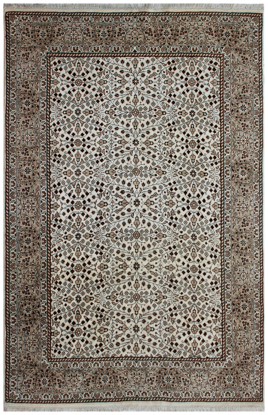 6.6x9 Traditional Floral Ivory, Brown & Tan Fine Hand-Knotted Wool Rug.
