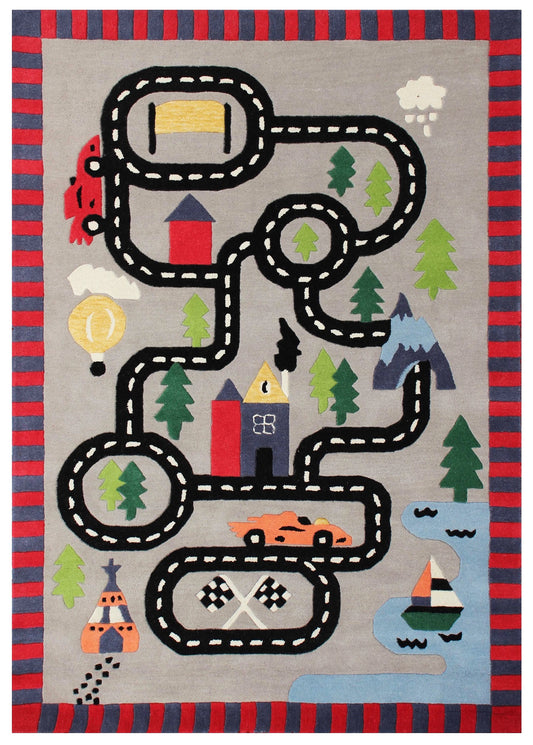 Race Track Kids Rug – Gray Hand-Tufted Car Playmat Imaginative Play.