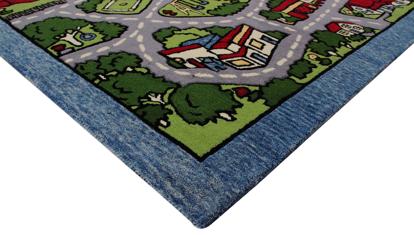 Kids City Play Rug – Green & Gray Hand-Tufted Road Map Playmat for Car.