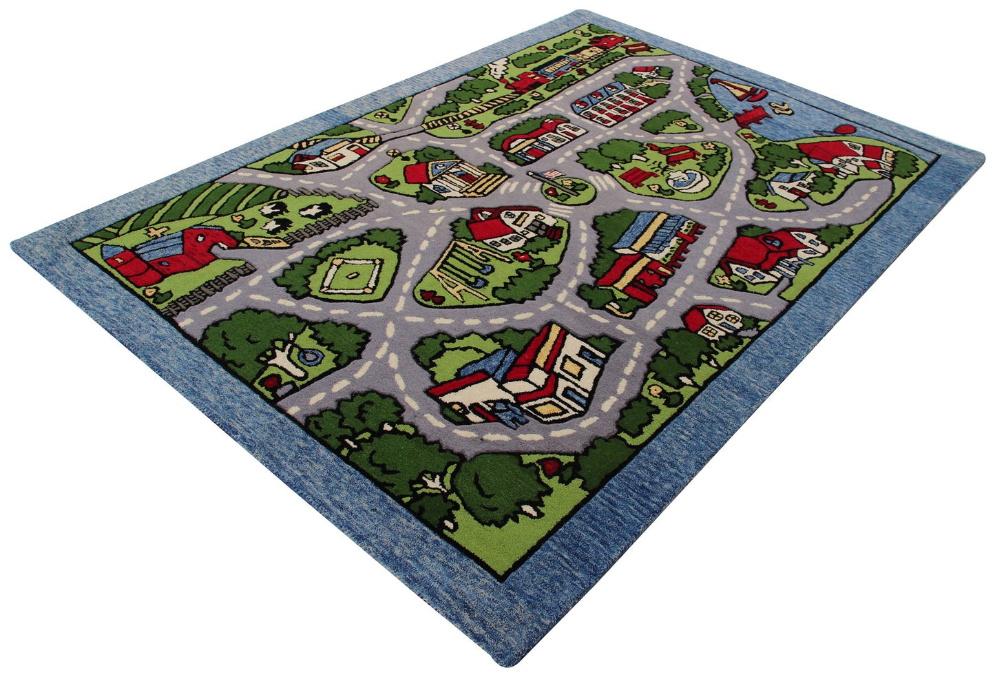 Kids City Play Rug – Green & Gray Hand-Tufted Road Map Playmat for Car.