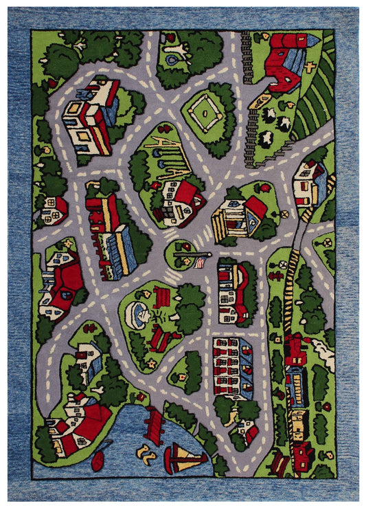 Kids City Play Rug – Green & Gray Hand-Tufted Road Map Playmat for Car.