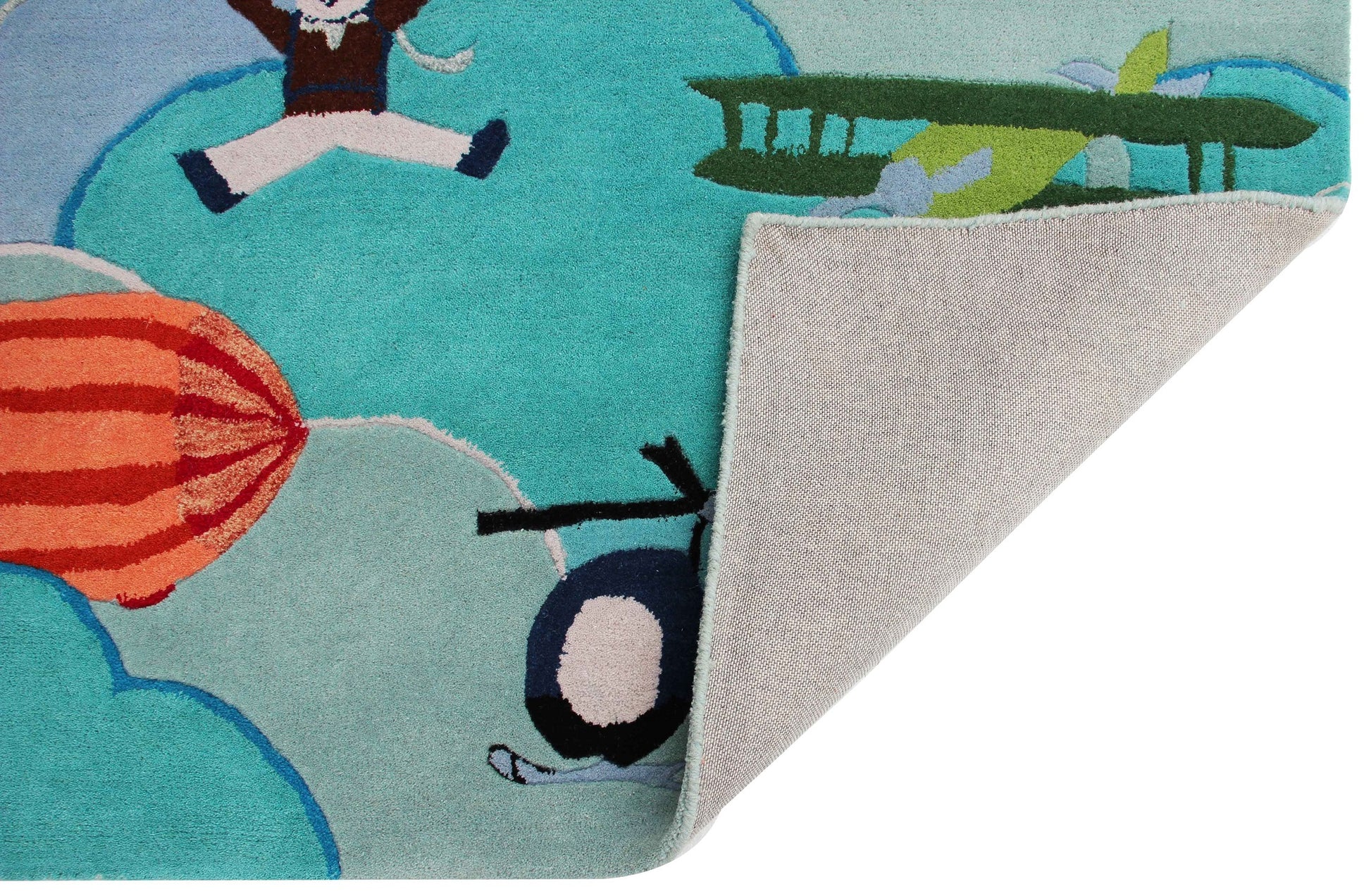 Airplane & Hot Air Balloon Kids Rug – Custom Teal Hand-Tufted Sky Adventure Play Mat.