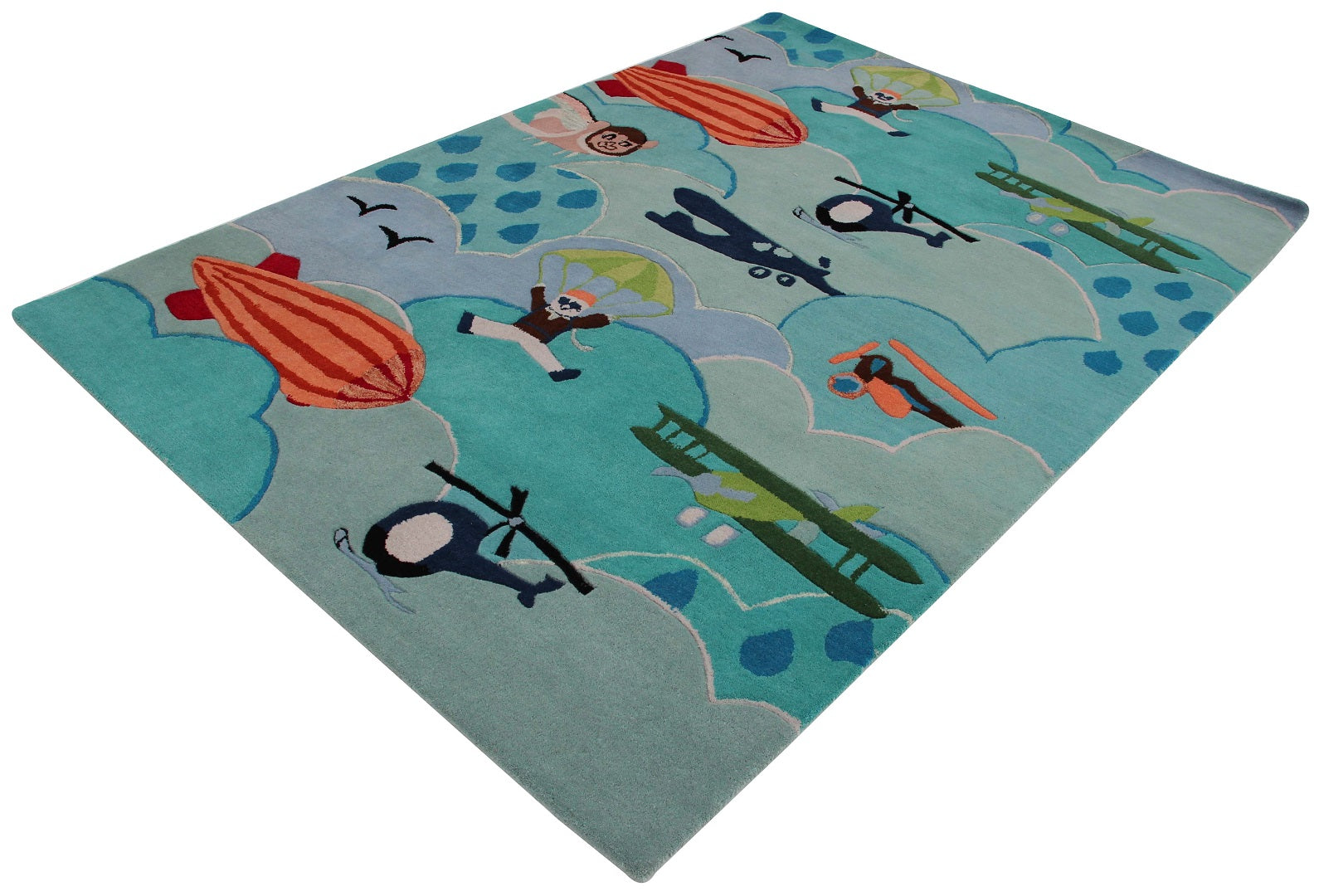 Airplane & Hot Air Balloon Kids Rug – Custom Teal Hand-Tufted Sky Adventure Play Mat.
