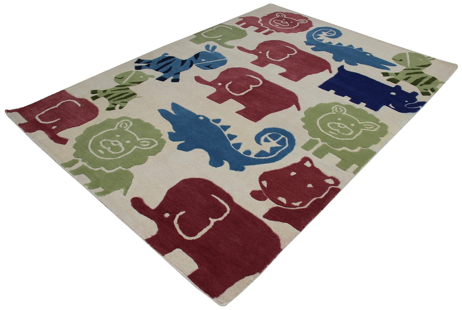 Safari Animals Kids Rug – Custom Beige, Maroon & Blue Hand-Tufted Jungle Playmat for Nursery & Bedroom.