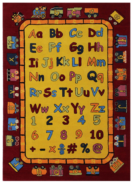 Educational ABC & 123 Kids Rug – Custom Gold & Maroon Hand-Tufted Alphabet Playmat for Learning.