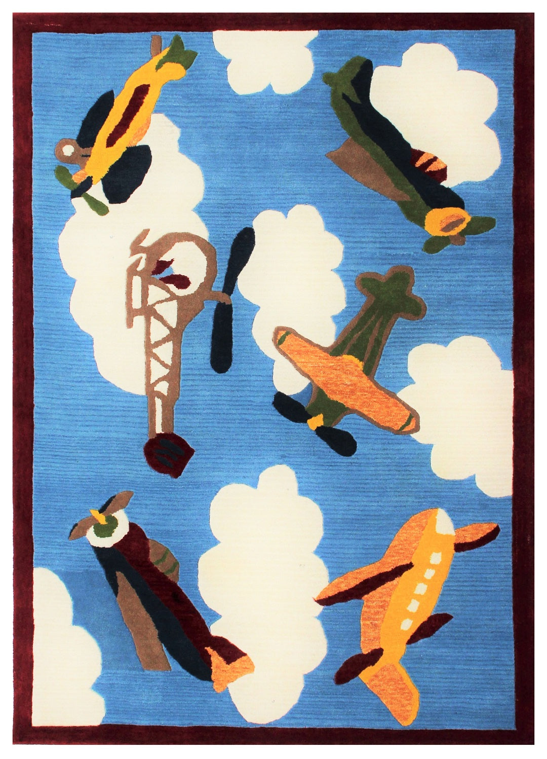 Playful Kids' Airplane Hand Tufted Custom made Area Rug - Blue Sky & Clouds