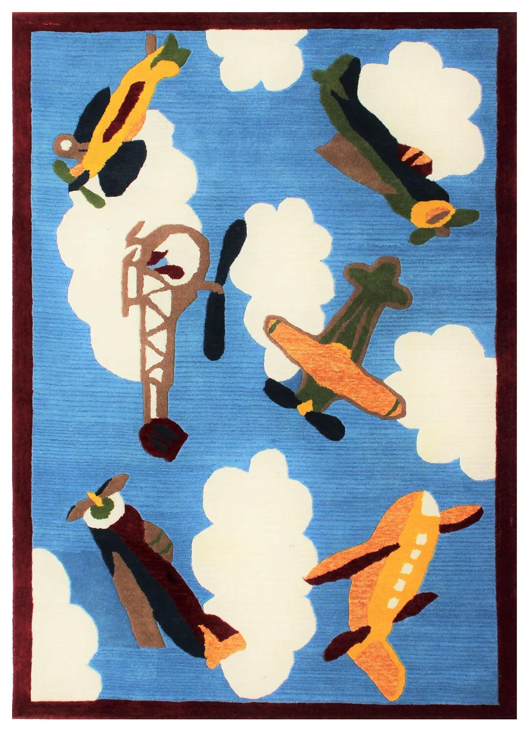 Playful Kids' Airplane Hand Tufted Custom made Area Rug - Blue Sky & Clouds.