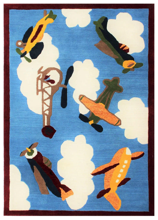 Playful Kids' Airplane Hand Tufted Custom made Area Rug - Blue Sky & Clouds.