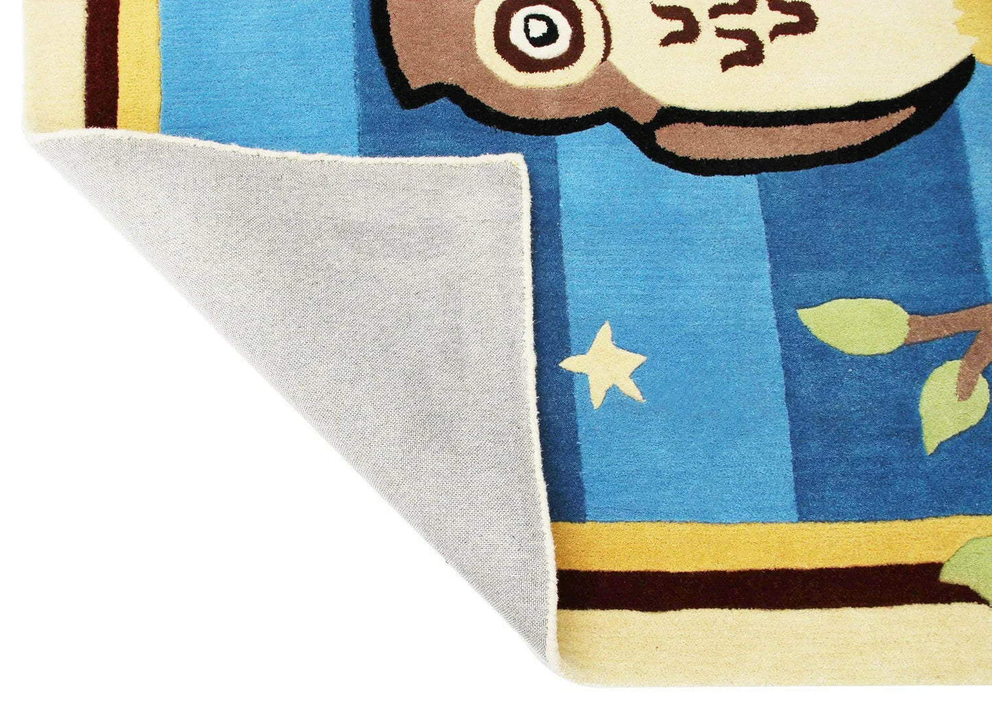 Cozy Comfort Blue Hand-Tufted Kids' Owl Rug for Nursery or Playroom.