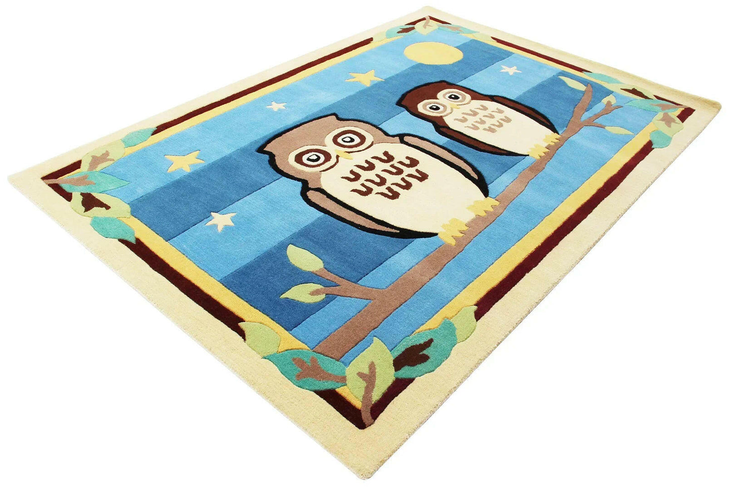 Cozy Comfort Blue Hand-Tufted Kids' Owl Rug for Nursery or Playroom.