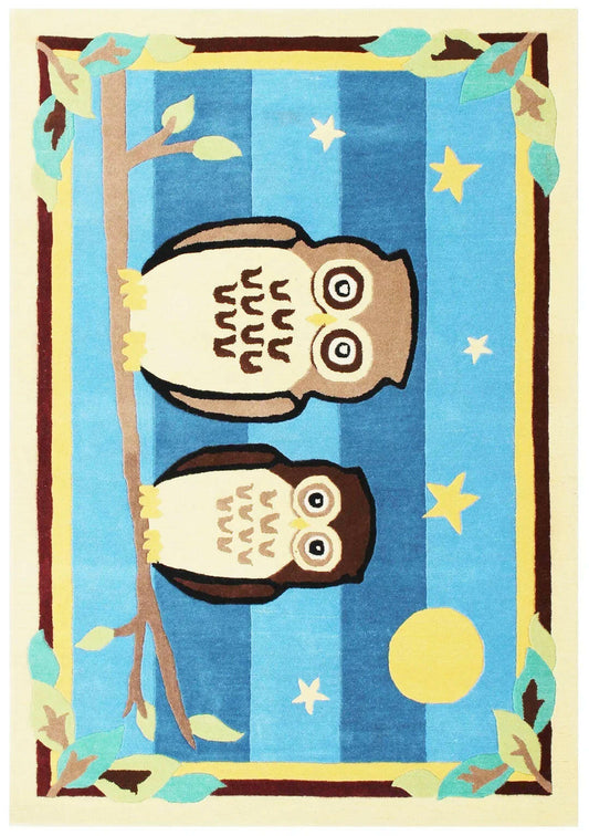 Cozy Comfort Blue Hand-Tufted Kids' Owl Rug for Nursery or Playroom.