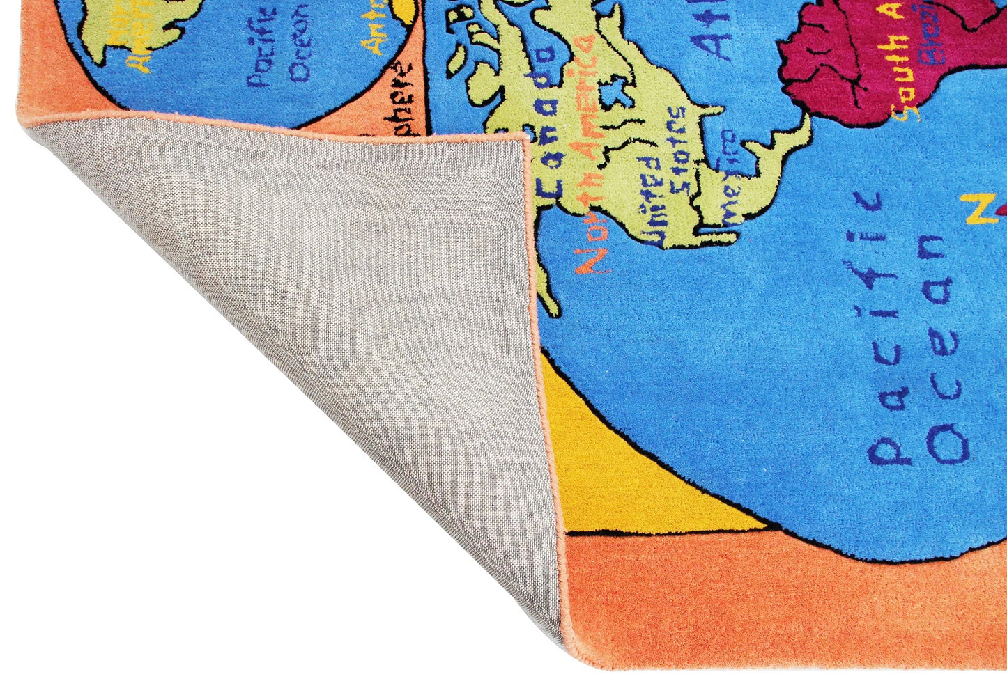 Explore the World! Kids' Educational World Map Peach and Blue Hand-Tufted wool Rug - Tufts Knots