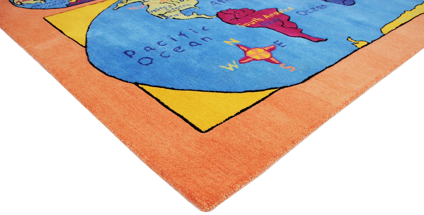 Explore the World! Kids' Educational World Map Peach and Blue Hand-Tufted wool Rug - Tufts Knots