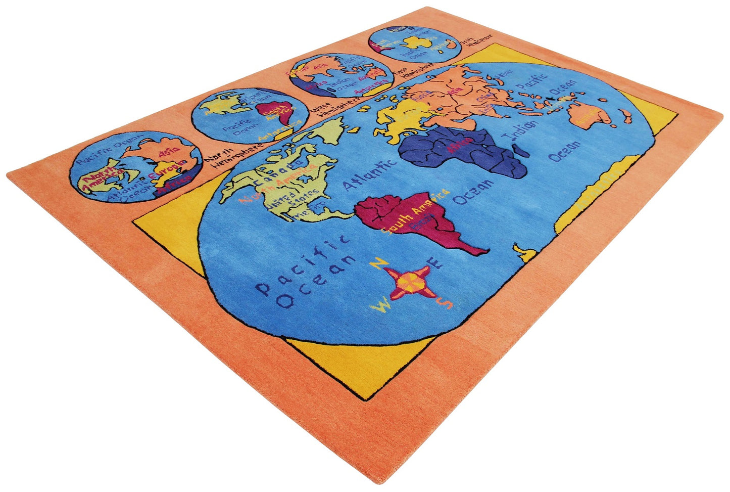 Explore the World! Kids' Educational World Map Peach and Blue Hand-Tufted wool Rug - Tufts Knots