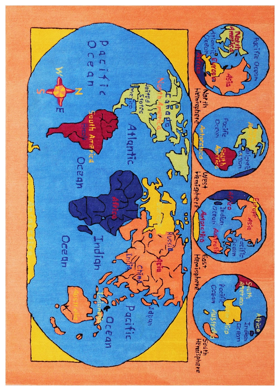 Explore the World! Kids' Educational World Map Peach and Blue Hand-Tufted wool Rug - Tufts Knots