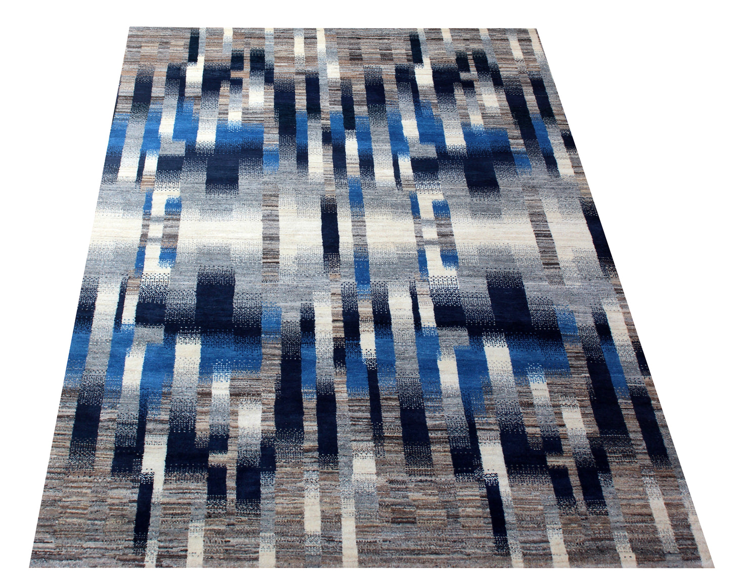Blue Grey Modern Striped Wool Rug 5.6x8 - Hand Knotted Abstract