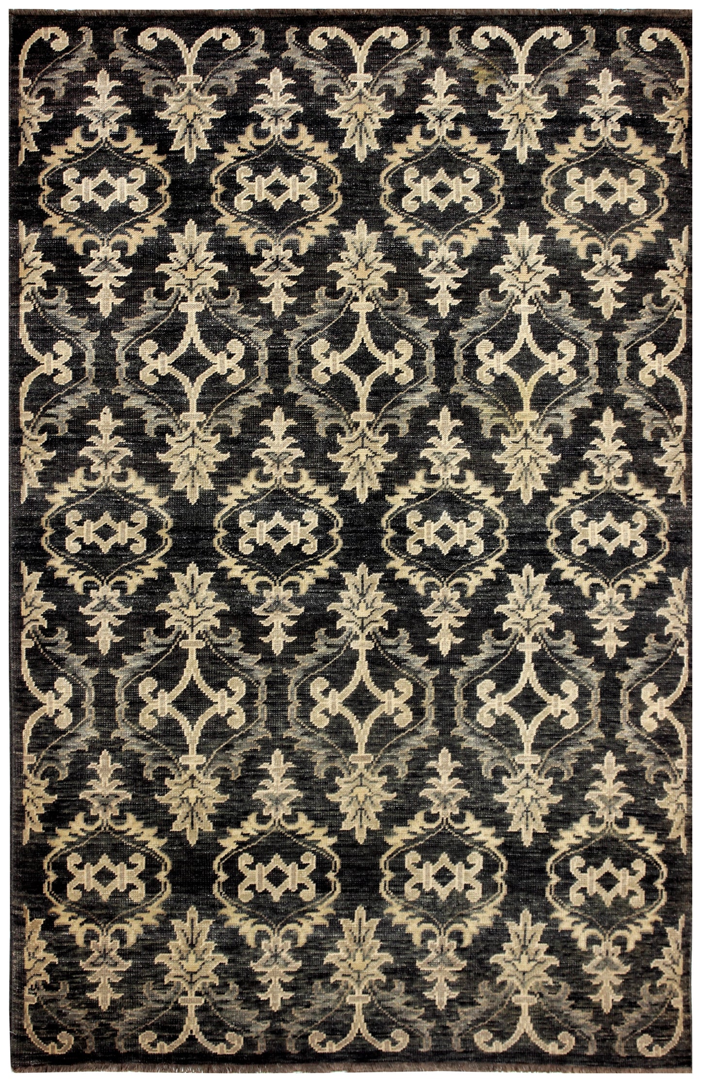 Charcoal Grey Beige 6x9 Wool Area Rug - Hand Knotted Vintage Antique European Scrolling Floral