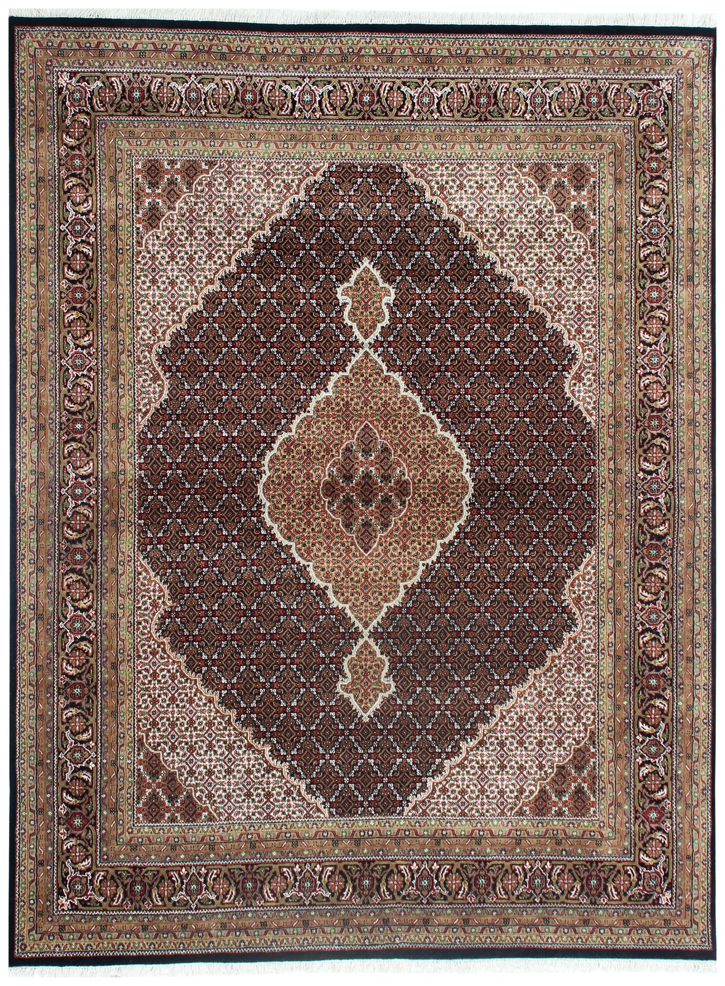 Custom made Fine Hand Knotted Premium look Gold, Brown, Black and Ivory Traditional Heriz medallion design wool area rug.