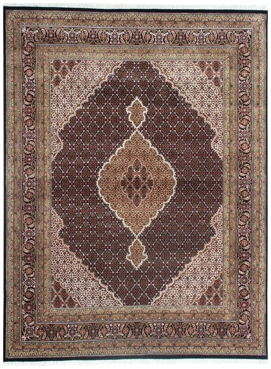 Custom made Fine Hand Knotted Premium look Gold, Brown, Black and Ivory Traditional Heriz medallion design wool area rug.
