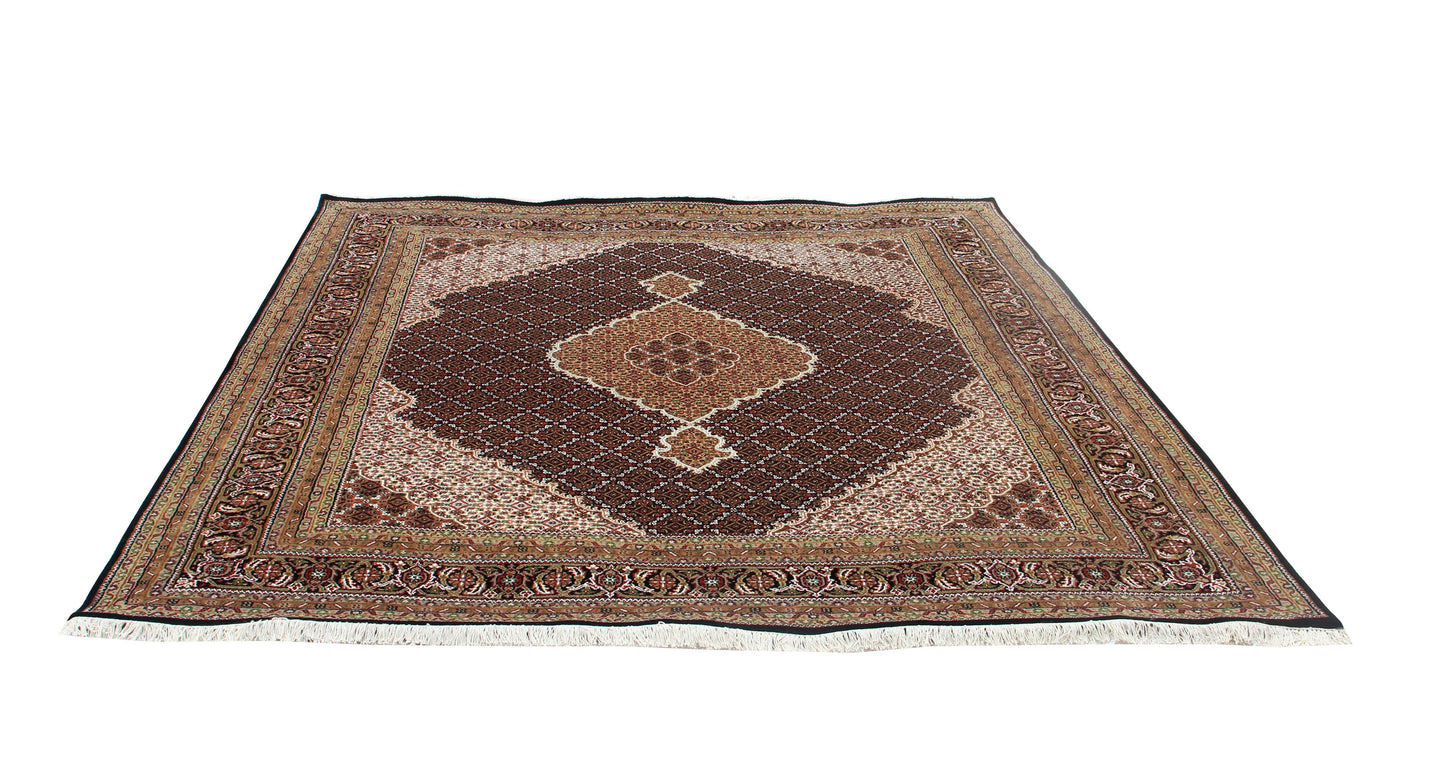 Custom made Fine Hand Knotted Premium look Gold, Brown, Black and Ivory Traditional Heriz medallion design wool area rug.