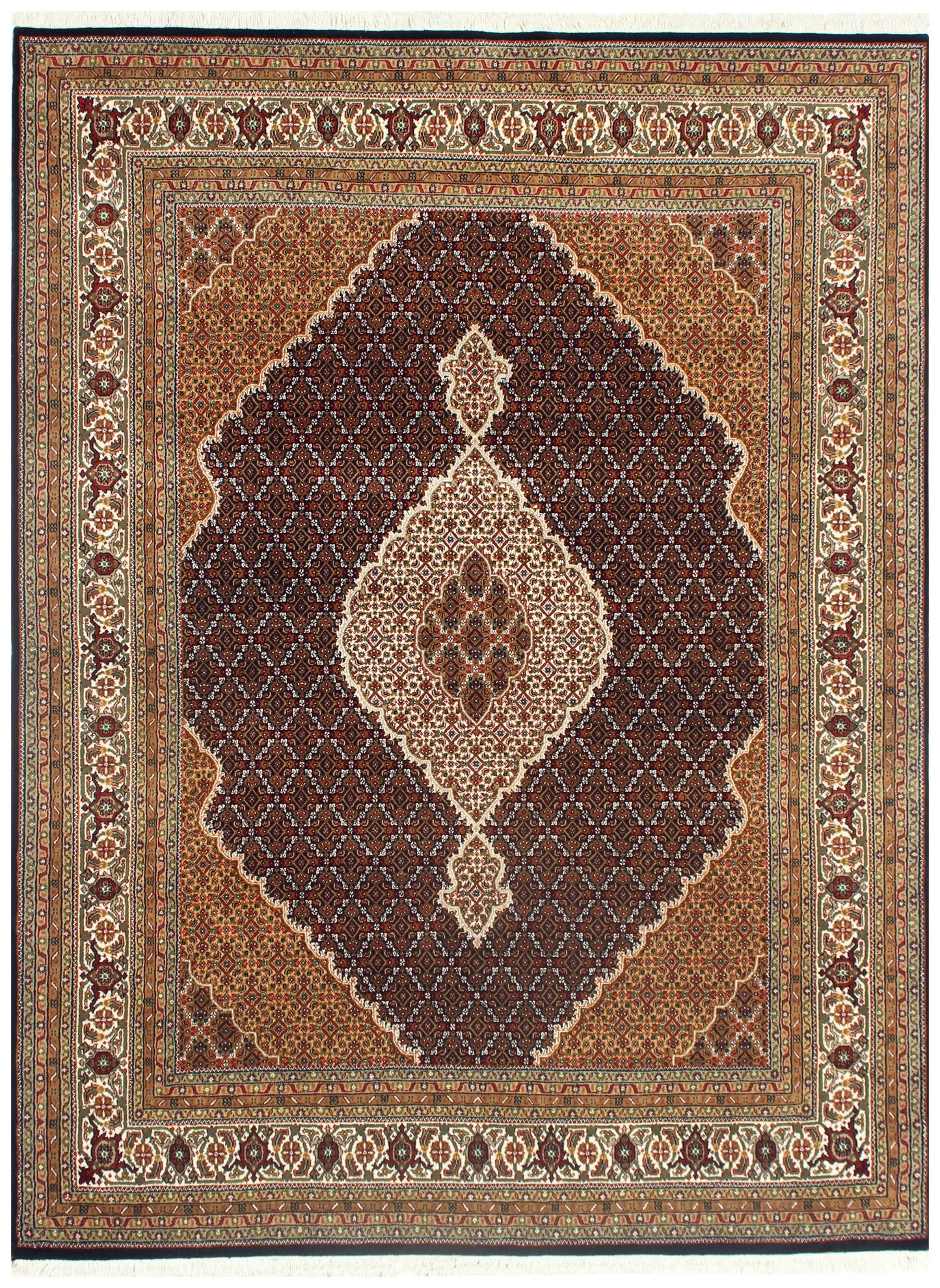 Ivory, Brown, Black and Gold premium look Fine Hand Knotted Traditional Heriz medallion design Custom made wool area rug.