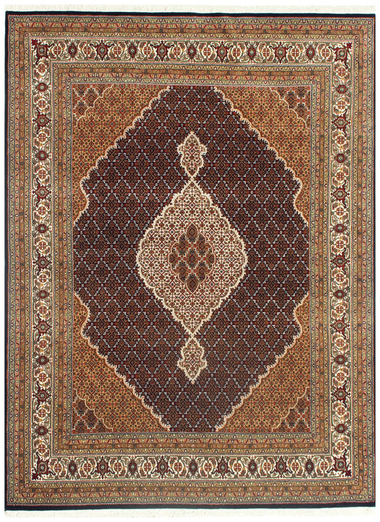 Ivory, Brown, Black and Gold premium look Fine Hand Knotted Traditional Heriz medallion design Custom made wool area rug.