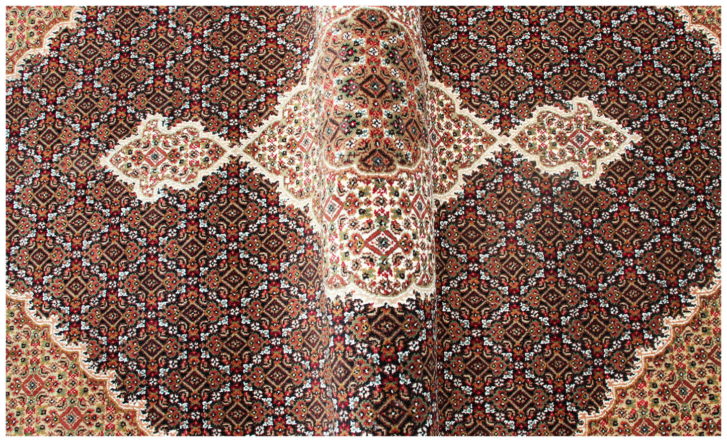 Ivory, Brown, Black and Gold premium look Fine Hand Knotted Traditional Heriz medallion design Custom made wool area rug.